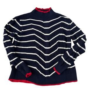 Crown & Ivy 100% Cotton XL Navy Red Stripe Sweater Nautical Preppy
